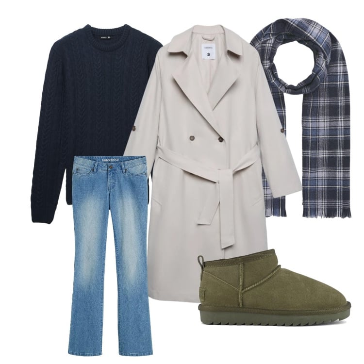 Outfit donna - C’è vento meglio mettere il trench. Stile Urban per Tutti i giorni. Abbinamento con jeans bootcut, sciarpe, pullovers, trench, stivali.