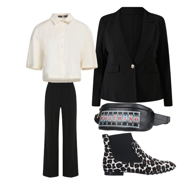Outfit donna - Look formale per l’ufficio. Stile Mannish per Ufficio. Abbinamento con stivaletti chelsea, camicie a manica corta, marsupi, blazer, pantaloni.