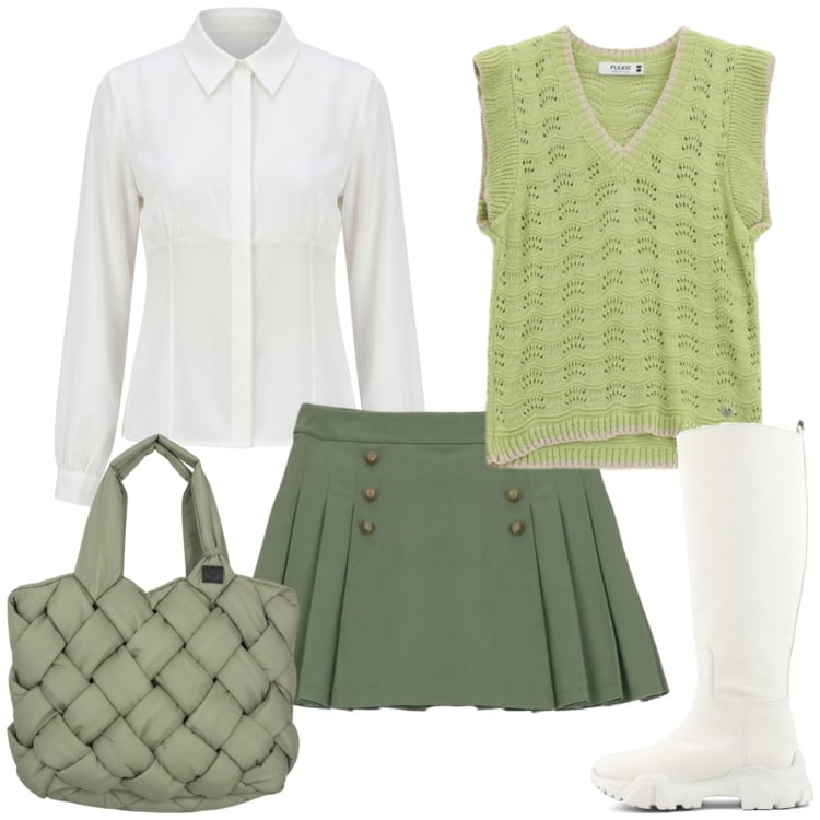 Outfit donna - Il gilet di mezza stagione. Stile Preppy per Tutti i giorni. Abbinamento con minigonne, top, camicie, borse tote, stivali.