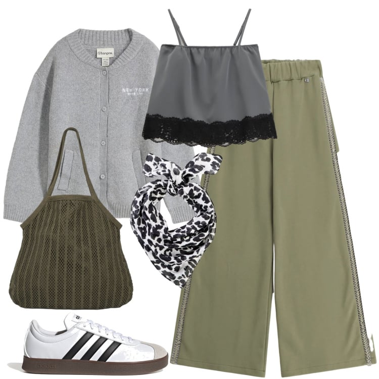 Outfit donna - Soft power dressing. Stile Casual per Tutti i giorni. Abbinamento con cardigans, foulard, shopping bag, top, pantaloni a palazzo, sneakers.