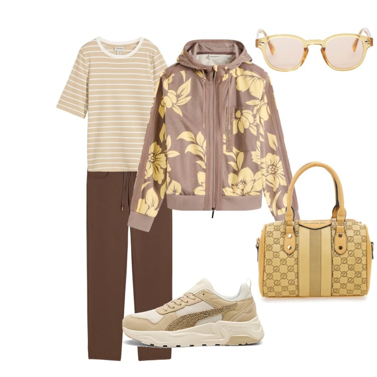Outfit donna - Giallo che passione. Stile Casual per Tutti i giorni. Abbinamento con felpe, t-shirt, occhiali da sole, pantaloni, sneakers, borse a spalla.