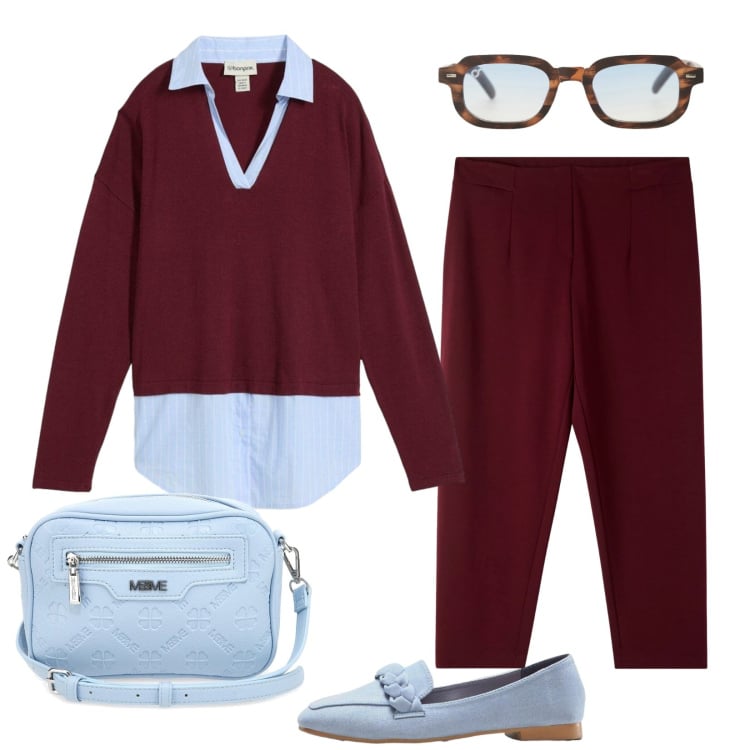 Outfit donna - Stile rilassato. Stile Mannish per Ufficio. Abbinamento con maglieria, mocassini, occhiali da sole, pantaloni chino, borse a tracolla.