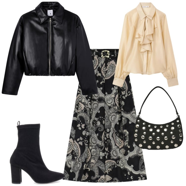 Outfit donna - Chic e rock evento serata. Stile Chic per Tutti i giorni. Abbinamento con camicie, giacche, borse a tracolla, gonne lunghe, stivaletti.