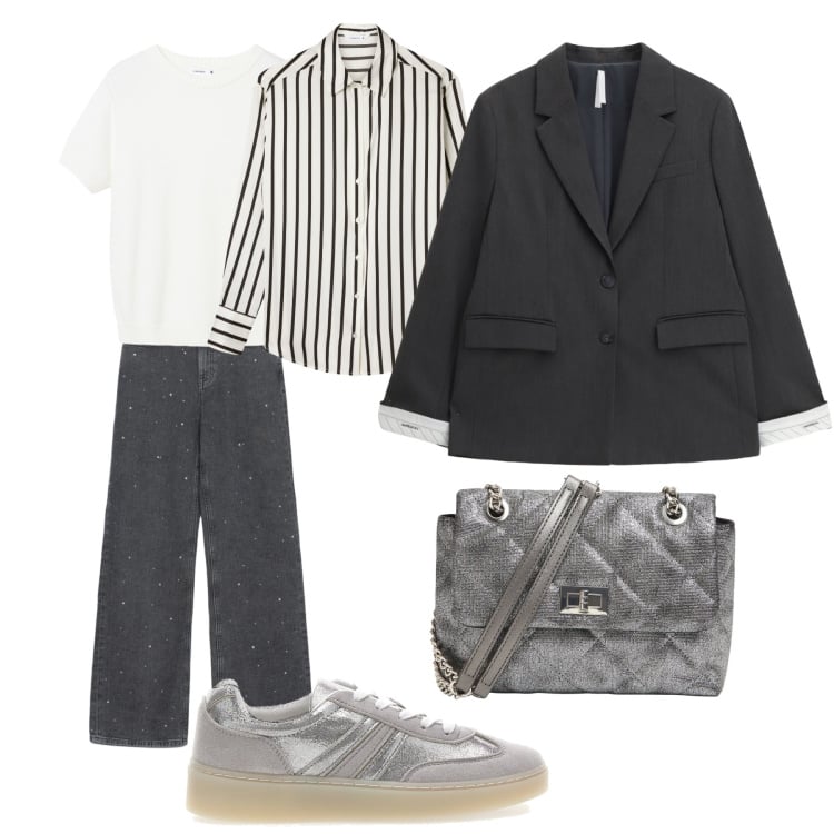 Outfit donna - Jeans e strass. Stile Trendy per Serata fuori. Abbinamento con camicie, borse a tracolla, jeans dritti, t-shirt, blazer, sneakers.