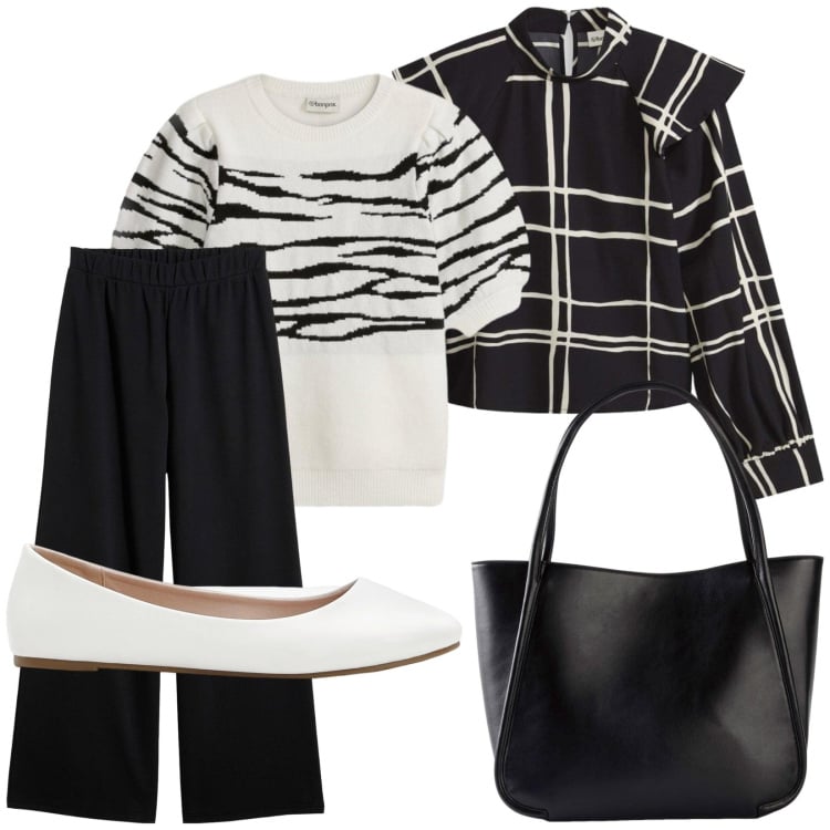 Outfit donna - Nero e bianco. Stile Chic per Tutti i giorni. Abbinamento con maglieria, bluse, pantaloni, ballerine, shopping bag.