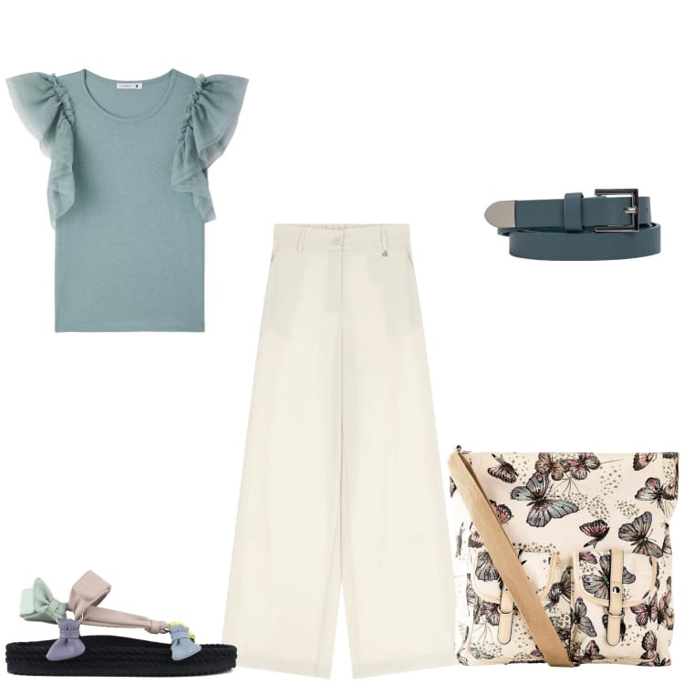 Outfit donna - Arriva l\'estate. Stile Casual per Tutti i giorni. Abbinamento con borse a tracolla, t-shirt, pantaloni a palazzo, sandali, cinture.
