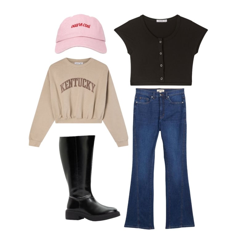 Outfit donna - Oggi va così. Stile Casual per Tutti i giorni. Abbinamento con stivali, jeans bootcut, top, felpe, cappelli con visiera.