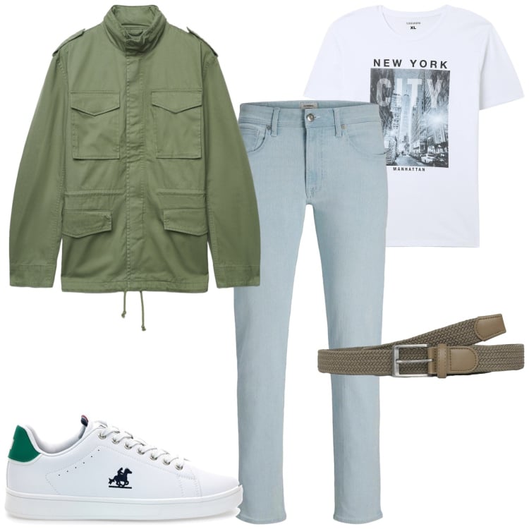 Outfit uomo - Total look #2365407. Stile Casual per Tutti i giorni. Abbinamento con jeans, t-shirt, cinture, cappotti, sneakers.