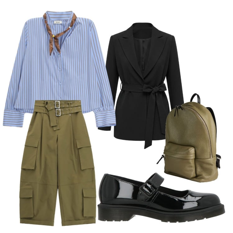 Outfit donna - Giornata ricca di impegni. Stile Military per Tutti i giorni. Abbinamento con décolleté, zaini, blazer, camicie, pantaloni cargo.