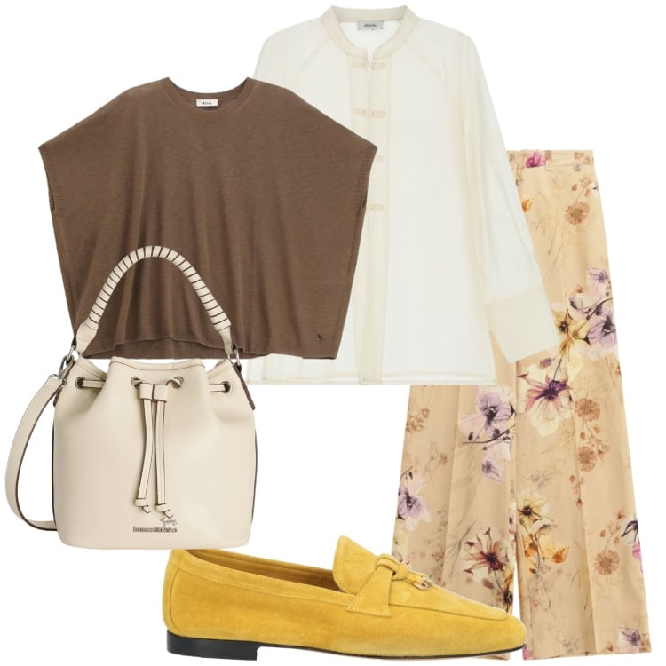 Outfit donna - Camicia coreana. Stile Casual chic per Tutti i giorni. Abbinamento con mocassini, borse a secchiello, top, camicie, pantaloni a palazzo.