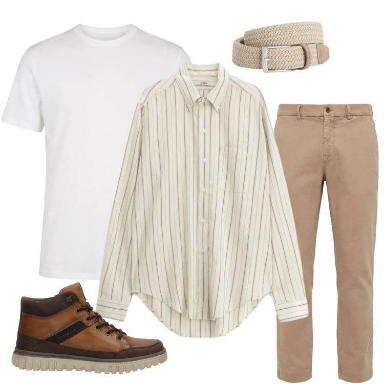 Outfit uomo - Earth Tones & Lines. Stile Urban per Tutti i giorni. Abbinamento con pantaloni chino, cinture, t-shirt, camicie, anfibi.