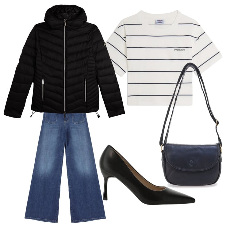 Outfit donna - Spring style. Stile Casual chic per Ufficio. Abbinamento con jeans, décolleté, t-shirt, piumini, borse a tracolla.