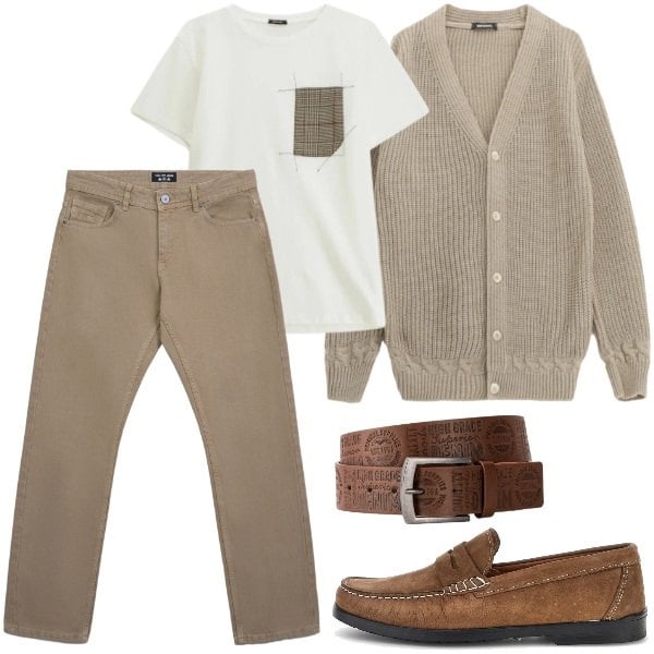 Outfit uomo - Sabbia. Stile Urban per Tutti i giorni. Abbinamento con cinture, cardigans, t-shirt, jeans, scarpe stringate.