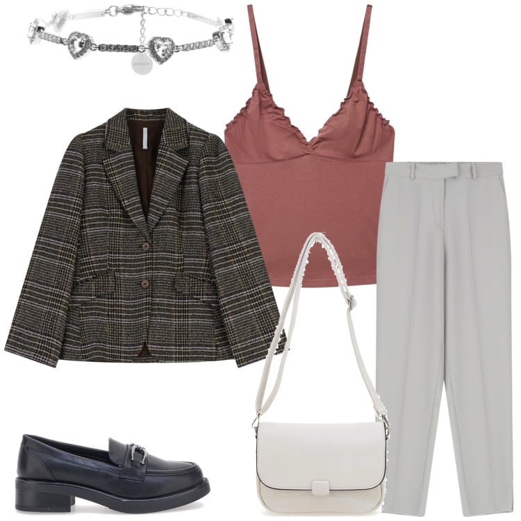 Outfit donna - Total look #2365441. Stile Casual chic per Tutti i giorni. Abbinamento con canottiere, pantaloni, blazer, braccialetti, mocassini, borse a tracolla.