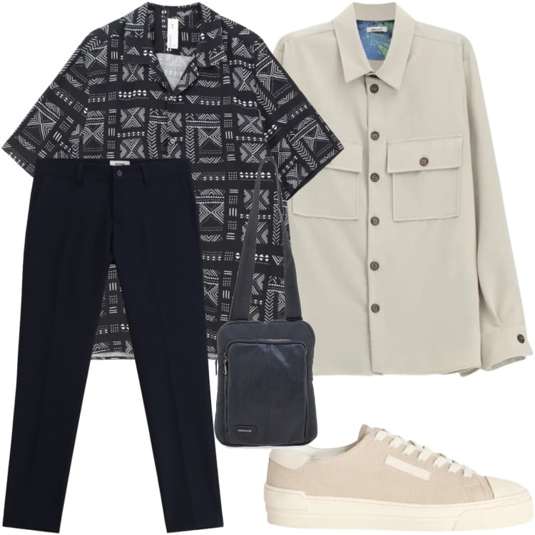 Outfit uomo - Eleganza Casual per la Città. Stile Trendy per Tutti i giorni. Abbinamento con camicie, pantaloni, camicie a manica corta, sneakers, portafogli.