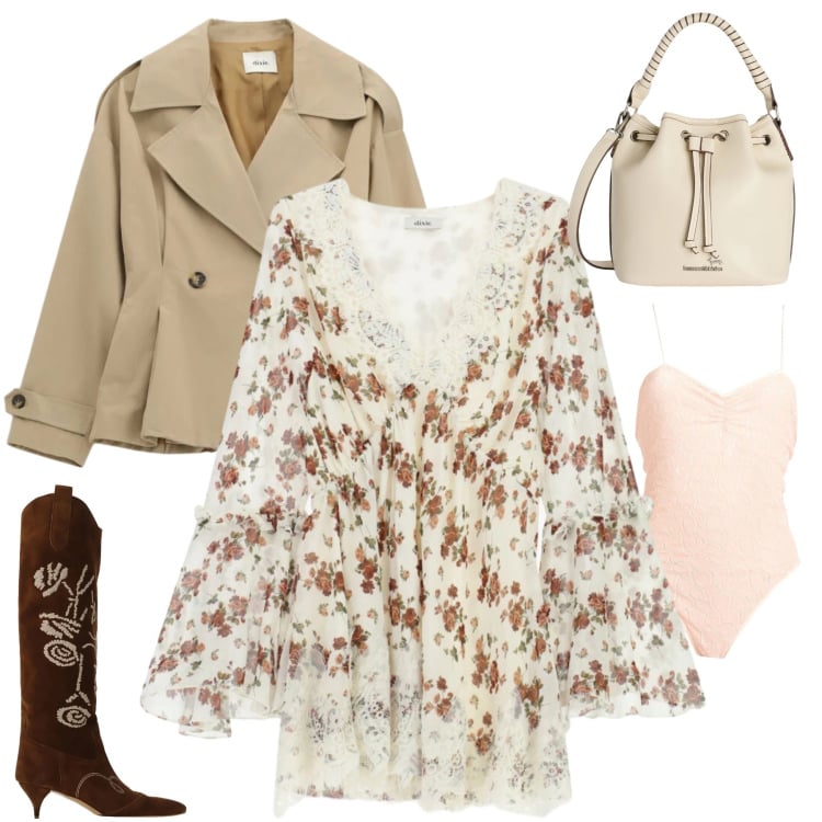 Outfit donna - Trendy & Romantico. Stile Romantica per Tutti i giorni. Abbinamento con body, borse a secchiello, blazer, vestiti corti, stivali.