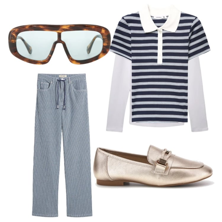 Outfit donna - Tempo libero. Stile Trendy per Tutti i giorni. Abbinamento con jeans dritti, t-shirt, polo, occhiali da sole, mocassini.