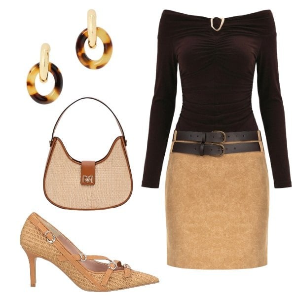 Outfit donna - Marrone & Rafia - Rinascimento SS26. Stile Vintage retrò per Tutti i giorni. Abbinamento con décolleté, minigonne, bluse, borse a spalla, orecchini.