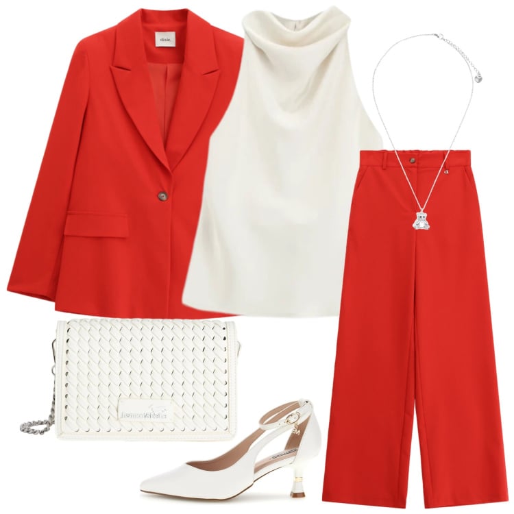 Outfit donna - Beautiful in red 1. Stile Casual chic per Cerimonia. Abbinamento con borse a tracolla, top, blazer, pantaloni a palazzo, ciondoli, décolleté.