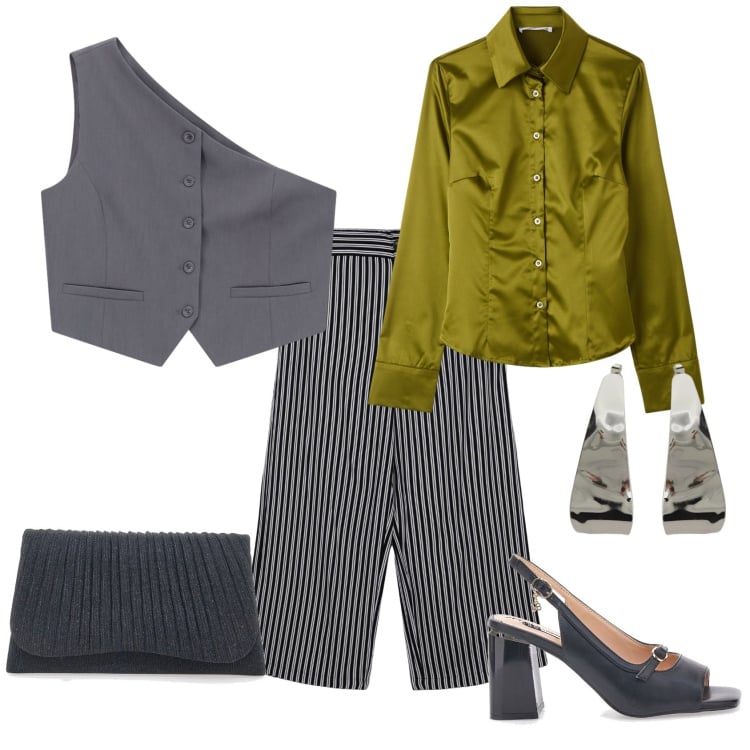 Outfit donna - Total look #2365458. Stile Romantica per Serata fuori. Abbinamento con pantaloni a palazzo, camicie, gilet, orecchini, clutch, sandali col tacco.