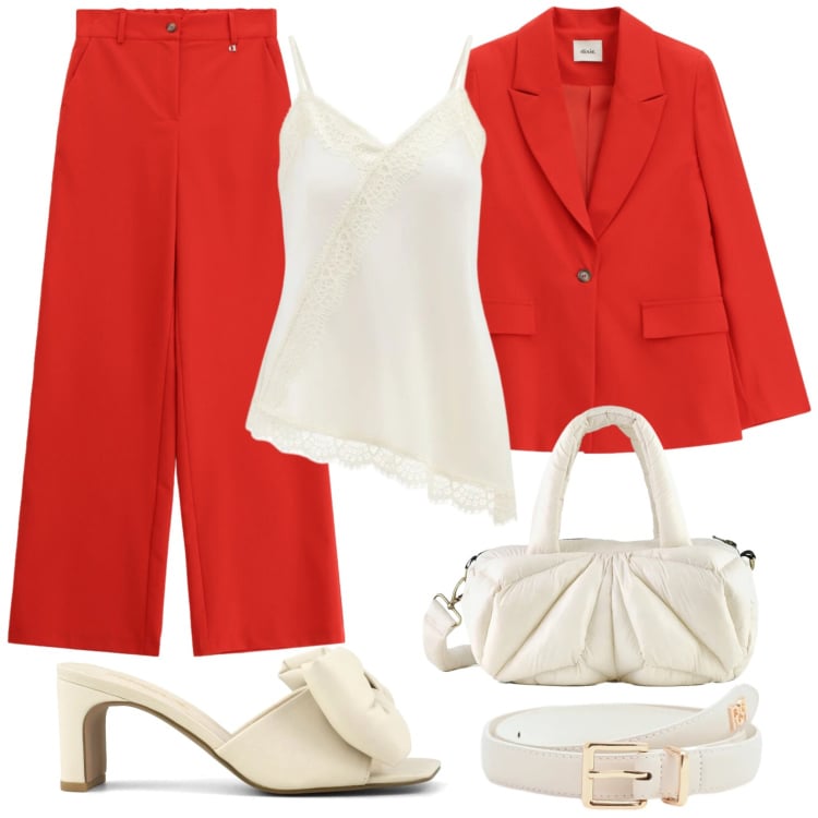 Outfit donna - Red lovers 2. Stile Casual chic per Serata fuori. Abbinamento con canottiere, cinture, borse a mano, pantaloni a palazzo, blazer, sandali col tacco.