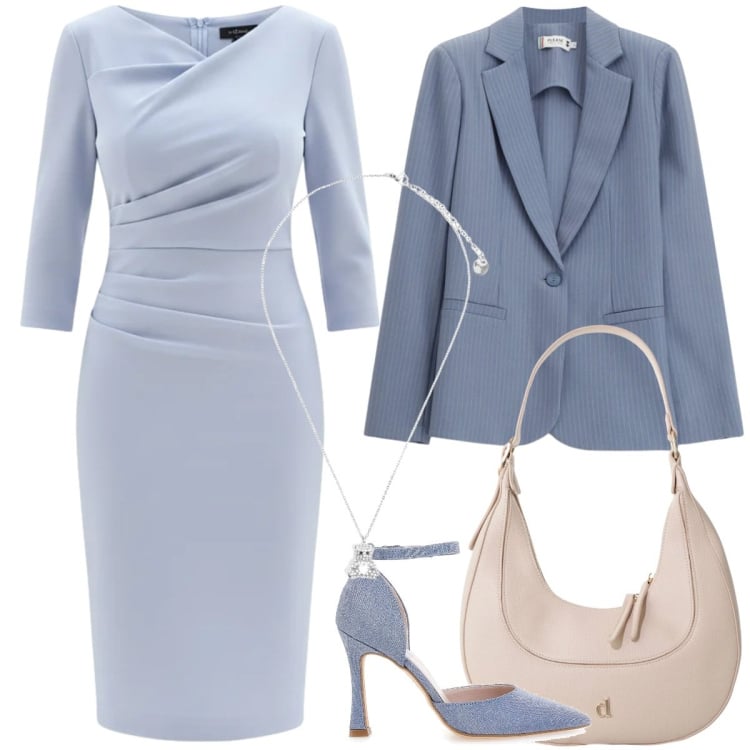 Outfit donna - Total look #2365463. Stile Chic per Cerimonia. Abbinamento con blazer, vestiti asimmetrici, borse a tracolla, ciondoli, décolleté.