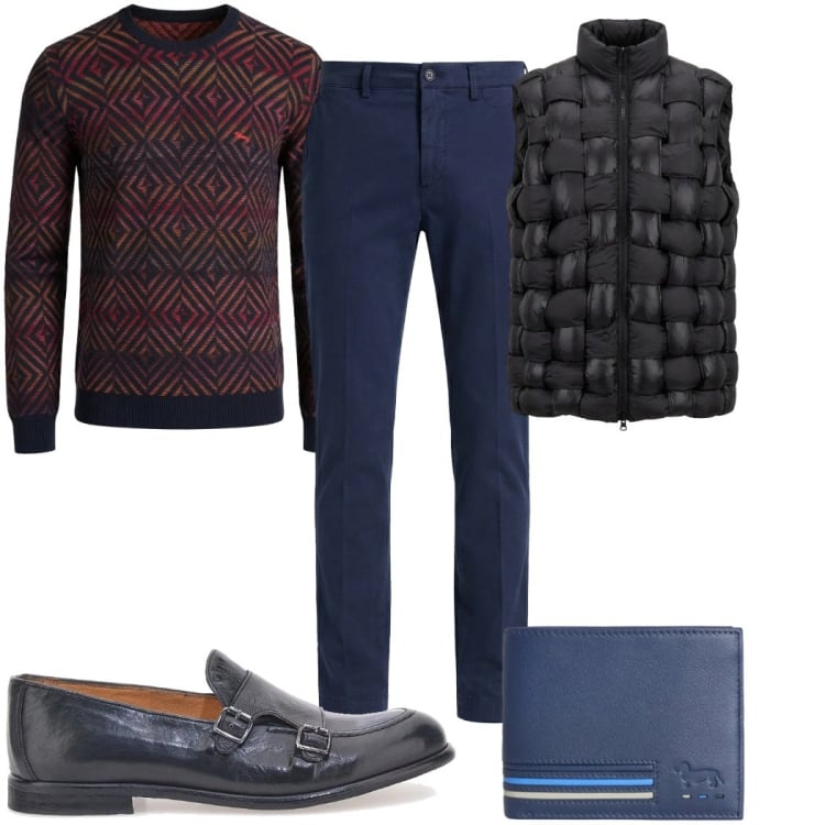 Outfit uomo - Total look #2365469. Stile Trendy per Tutti i giorni. Abbinamento con portafogli, pullovers, pantaloni chino, gilet, scarpe stringate.