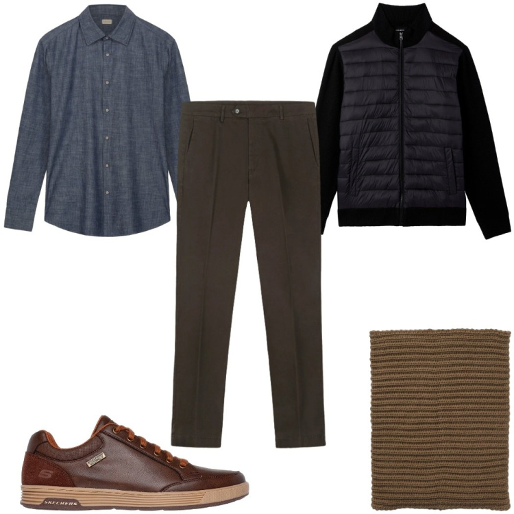 Outfit uomo - Total look #2365473. Stile Casual per Tutti i giorni. Abbinamento con pantaloni chino, camicie, scaldacollo, piumini, sneakers.
