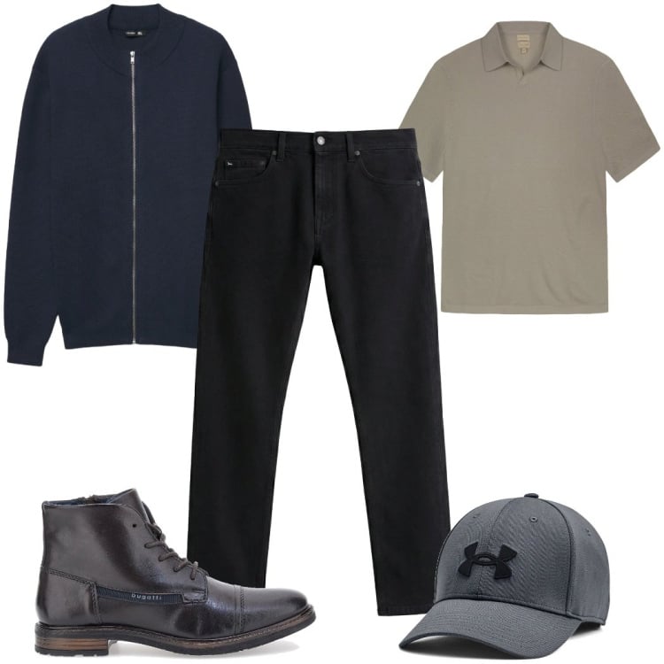 Outfit uomo - Total look #2365481. Stile Casual per Tutti i giorni. Abbinamento con jeans, cardigans, stivali e stivaletti, cappelli, polo.
