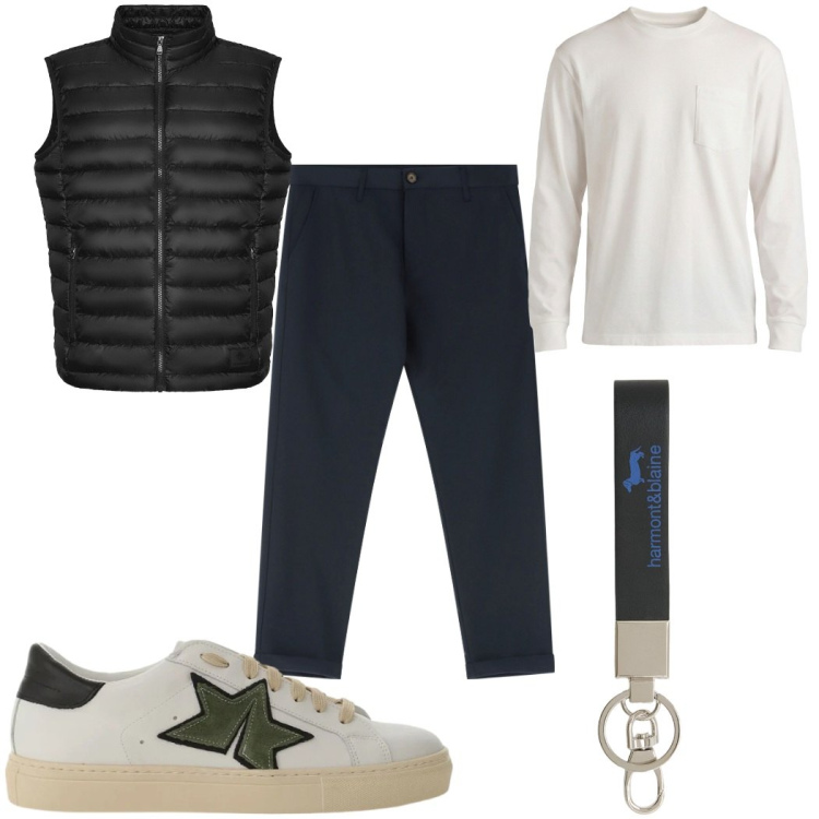 Outfit uomo - Total look #2365486. Stile Casual per Tutti i giorni. Abbinamento con portachiavi, t-shirt, sneakers, pantaloni chino, piumini.