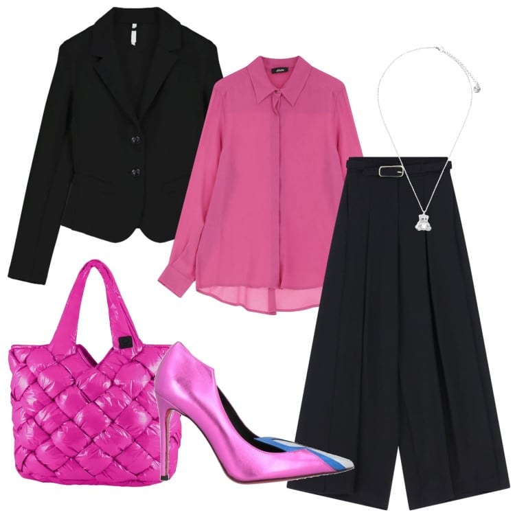 Outfit donna - Fucsia lovers 3. Stile Casual chic per Tutti i giorni. Abbinamento con décolleté, pantaloni a palazzo, blazer, borse tote, camicie, ciondoli.