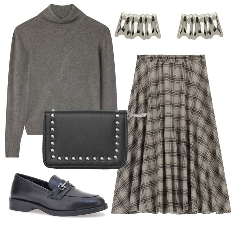 Outfit donna - Total look #2365517. Stile Minimal per Tutti i giorni. Abbinamento con portafogli, maglieria, gonne longuette, orecchini, mocassini.