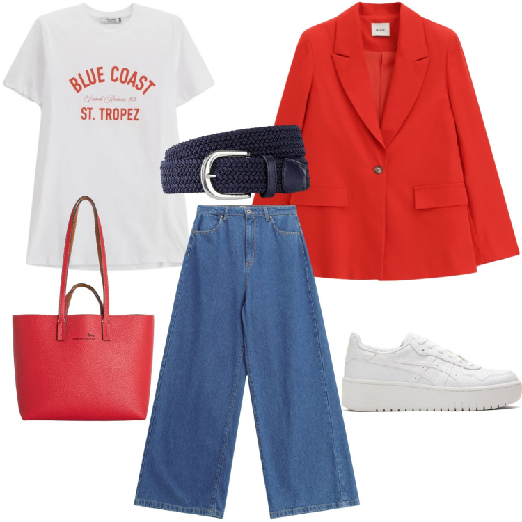 Outfit donna - Casual in libertà. Stile Basic per Scuola/Università. Abbinamento con cinture, blazer, jeans, t-shirt, shopping bag, sneakers.