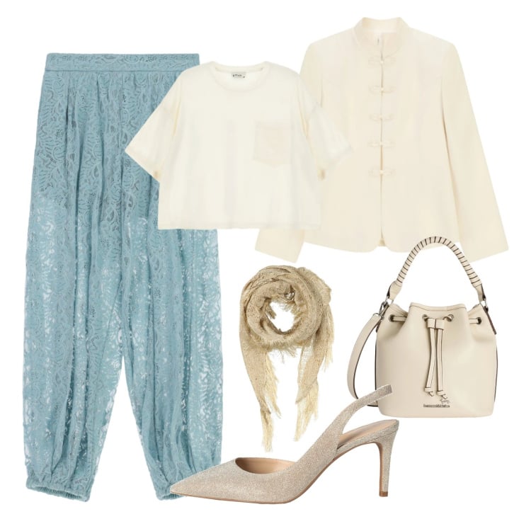 Outfit donna - Tessuti leggeri. Stile Trendy per Cerimonia. Abbinamento con décolleté, stole, borse a secchiello, pantaloni a palazzo, blazer, t-shirt.