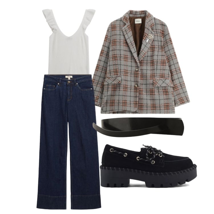 Outfit donna - Jeans in primavera. Stile Preppy per Scuola/Università. look ideale per Petite. Abbinamento con jeans, top, blazer, cinture, mocassini.