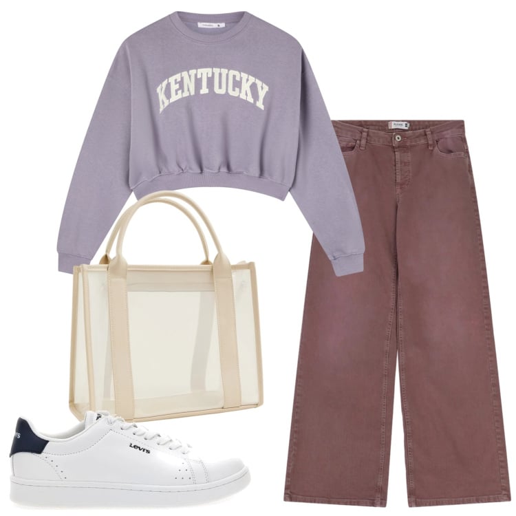 Outfit donna - Total look #2365540. Stile Basic per Tutti i giorni. Abbinamento con borse tote, felpe, pantaloni a palazzo, sneakers.