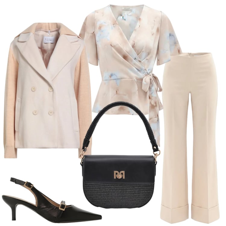 Outfit donna - Total look #2365550. Stile Chic per Ufficio. Abbinamento con caban, pantaloni a palazzo, borse a spalla, bluse, sandali col tacco.