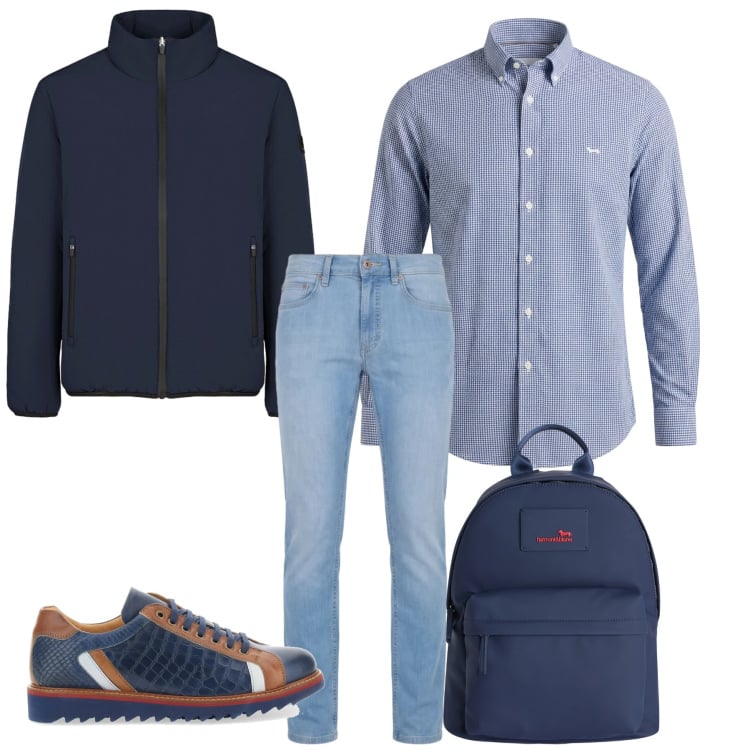 Outfit uomo - Casual Business. Stile Urban per Tutti i giorni. Abbinamento con borse sportive, camicie, jeans, giacche, scarpe stringate.