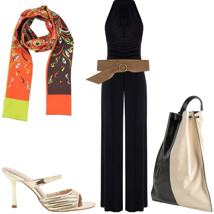 Outfit donna - Serata in. Stile Glamour per Serata fuori. Abbinamento con sciarpe, zaini, tute, sabot, cinture.