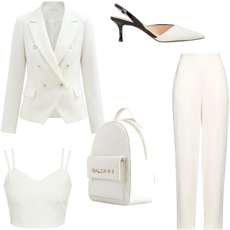 Outfit donna - Impeccabile in ufficio. Stile Chic per Ufficio. Abbinamento con zaini, décolleté, pantaloni, blazer, top.