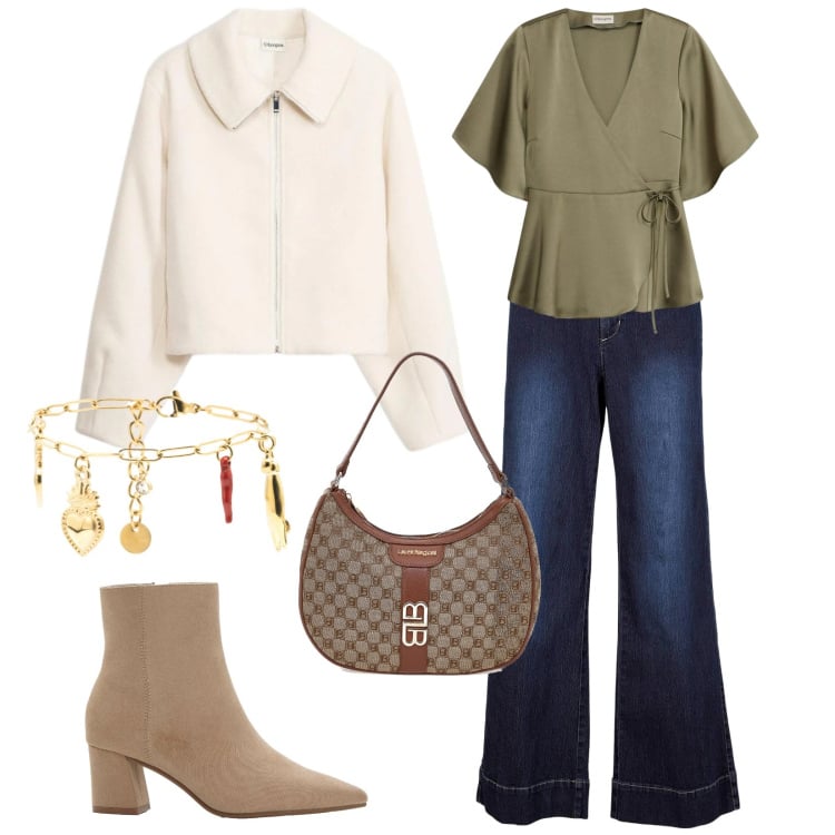 Outfit donna - 70 feel. Stile Casual per Tutti i giorni. Abbinamento con bluse, jeans, blazer, stivaletti, braccialetti, borse a spalla.