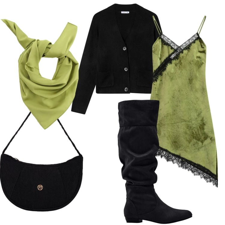 Outfit donna - L\'incontro. Stile Chic per Serata fuori. Abbinamento con stivali, cardigans, vestiti asimmetrici, borse a mano, foulard.