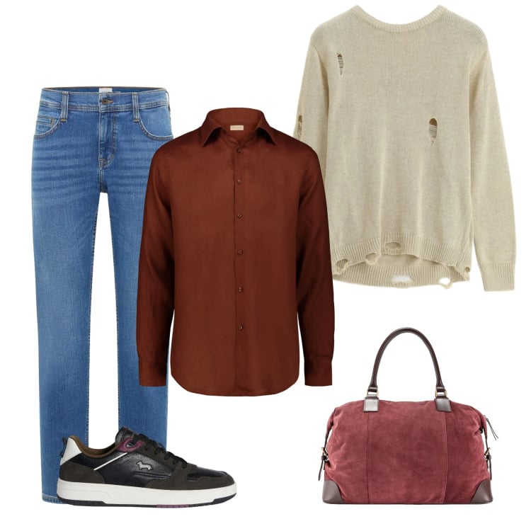 Outfit uomo - Casual con eleganza. Stile Casual per Tutti i giorni. Abbinamento con jeans bootcut, sneakers, maglieria, camicie, borse sportive.