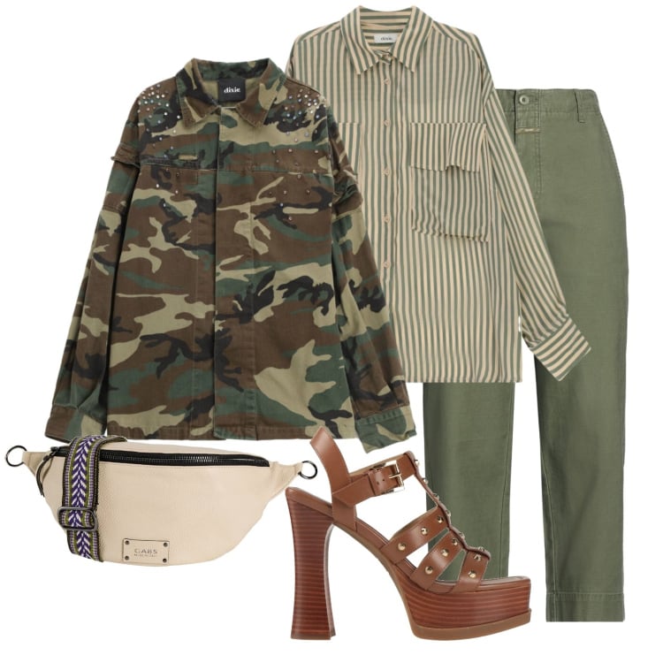 Outfit donna - Mimetica e plateau. Stile Military per Tutti i giorni. Abbinamento con sandali in pelle, marsupi, pantaloni, blazer, camicie.