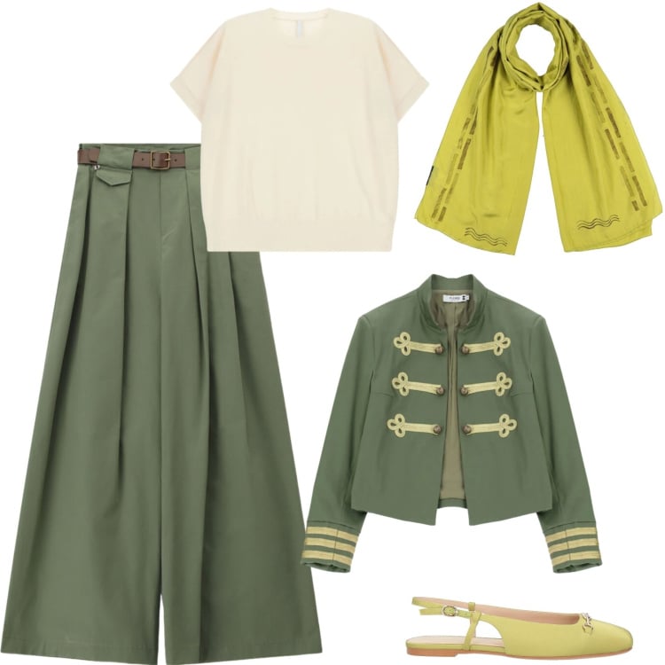 Outfit donna - Sfumature di verde per Antonellal. Stile Military per Tutti i giorni. Abbinamento con sciarpe, ballerine, cappotti, t-shirt, pantaloni a palazzo.