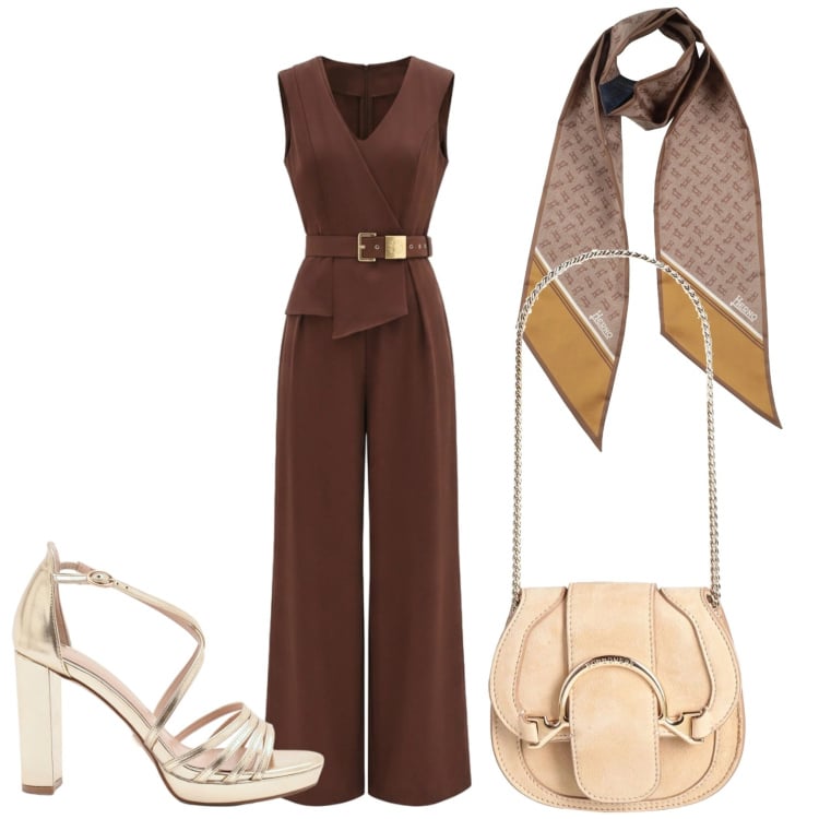 Outfit donna - Serata a casa di amici. Stile Glamour per Serata fuori. Abbinamento con marsupi, sciarpe, tute, sandali col tacco.