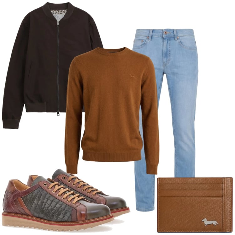 Outfit uomo - Alberi e parchi. Stile Casual per Tutti i giorni. Abbinamento con portafogli, jeans, pullovers, bomber, scarpe stringate.