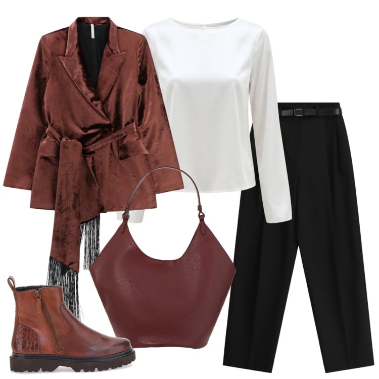 Outfit donna - Total look #2365611. Stile Trendy per Tutti i giorni. Abbinamento con bluse, pantaloni a palazzo, blazer, borse a spalla, stivaletti.