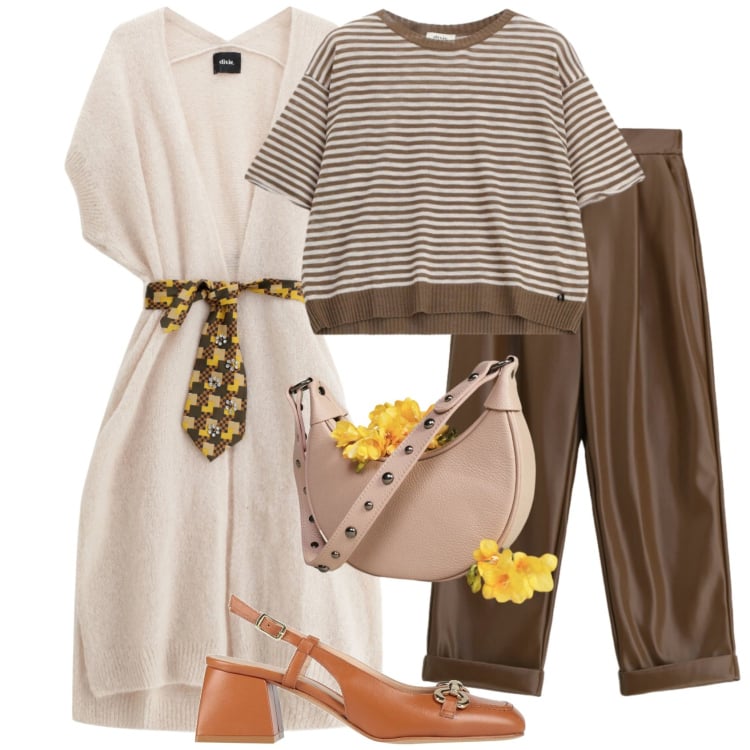 Outfit donna - Soft power dressing. Stile Casual chic per Tutti i giorni. Abbinamento con décolleté, gilet, borse a spalla, maglieria, pantaloni.