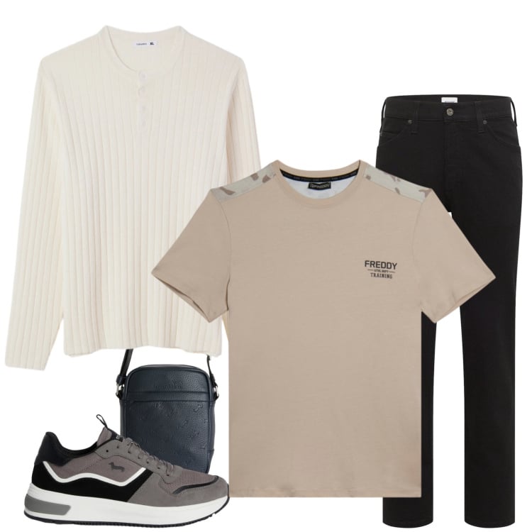 Outfit uomo - Urban Athletic. Stile Urban per Tutti i giorni. Abbinamento con jeans dritti, borse sportive, sneakers, t-shirt, maglieria.
